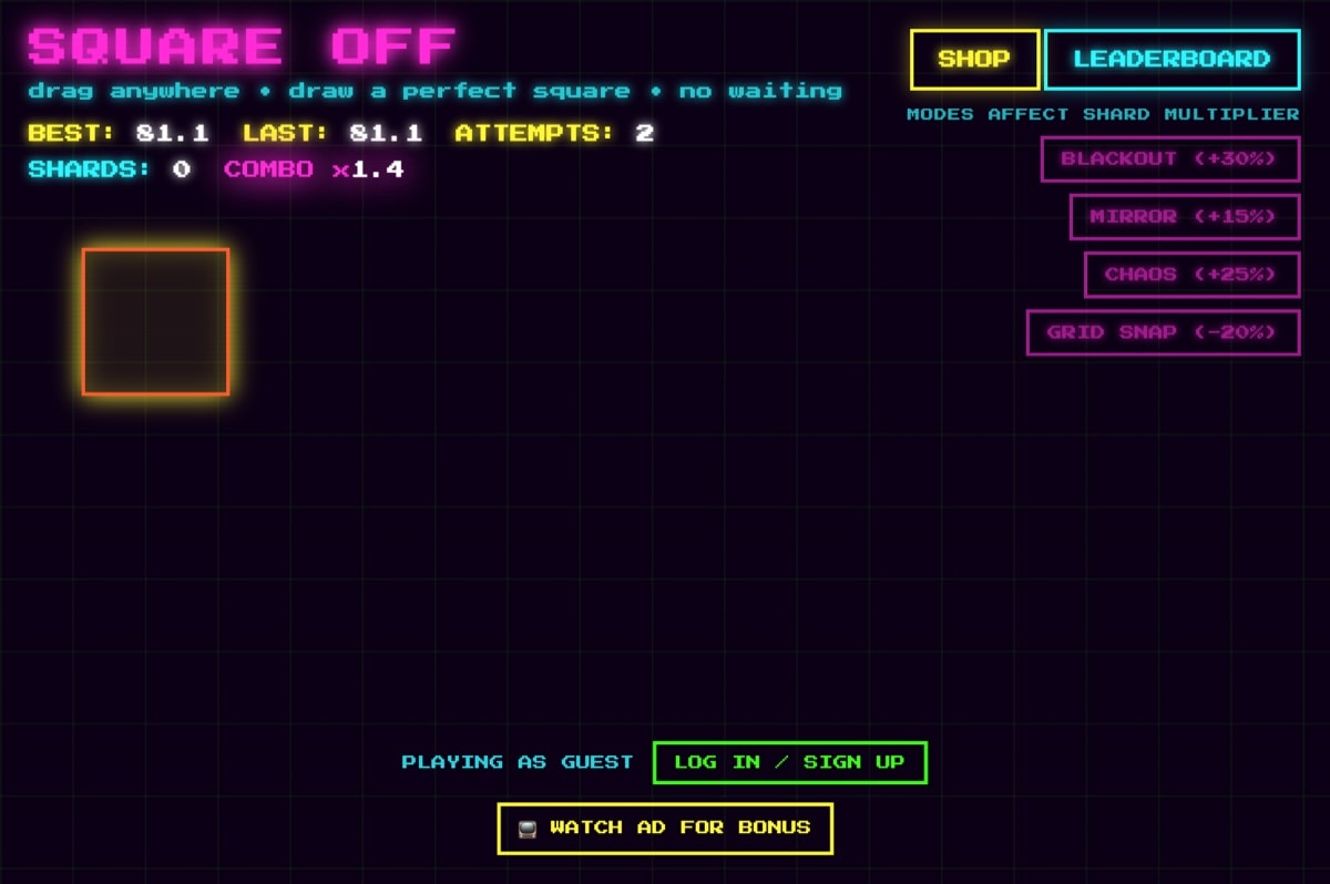Square Off arcade interface showing a completed square and score